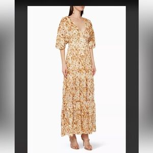 Hemant & Nandita Gold Cream Velvet Maxi Dress V Neck Medium